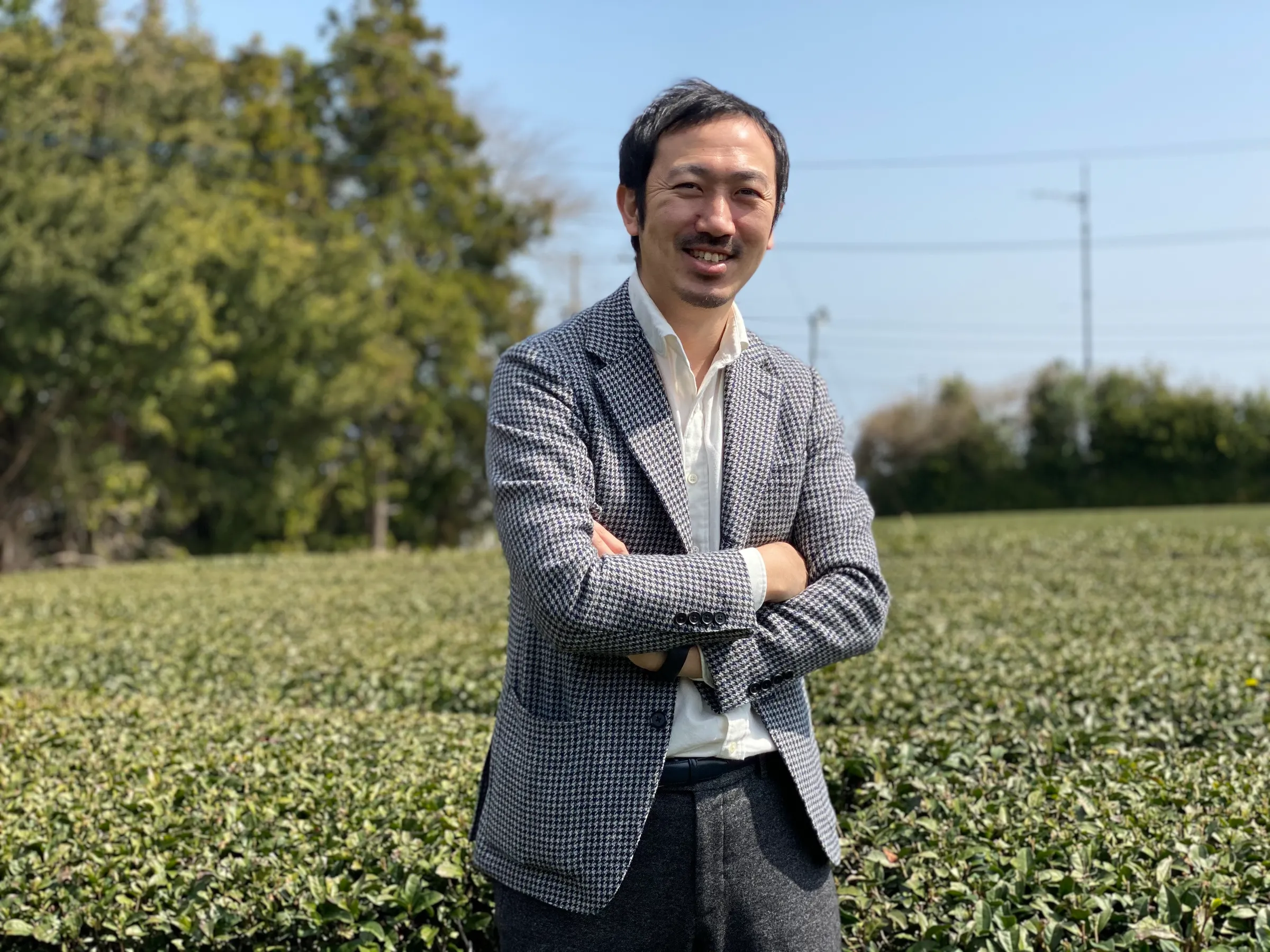 茶畑で腕組みの新谷